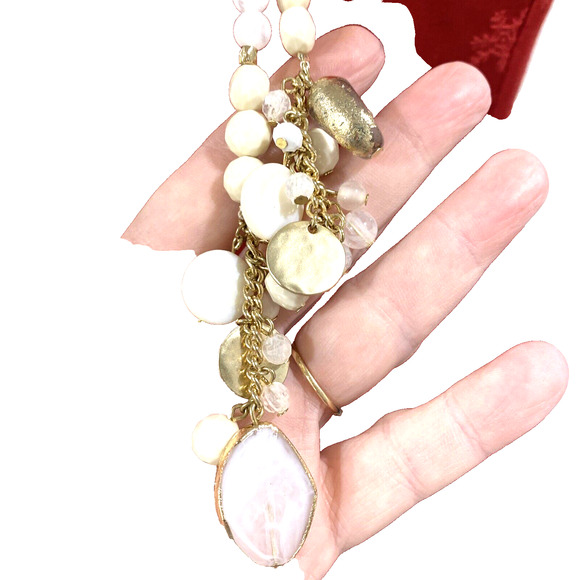 Chico’s Lariat Necklace White Crystals & Goldtone Beaded Tassels Necklace - Picture 7 of 8